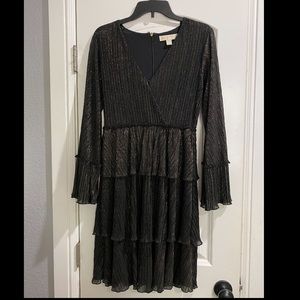 Michael Kors long sleeve black shimmery dress with ruffles